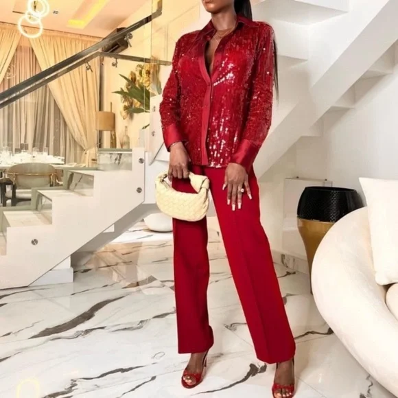 ZARA Red Sequin Long Sleeve Button Down Shirt NWT - Picture 12 of 14